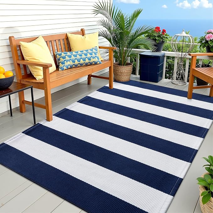 OLANLY Navy and White Striped Rug 3' x 5' – Washable Cotton Indoor Outdoor - Image 7
