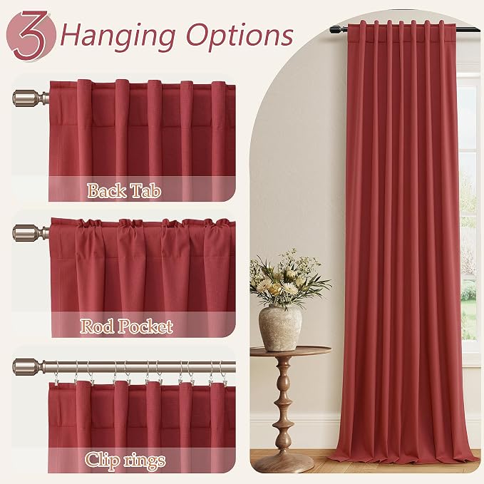 Guken Red 100% Blackout Linen Curtains 108 Inch Length 2 Panels Set - Image 6