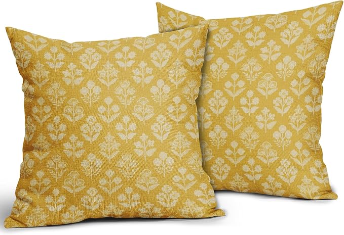 Yellow Floral Block Print Pillow Covers 20x20 Inch Set of 2, Vintage Flower - Image 2