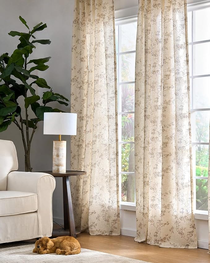 jinchan Linen Floral Curtains for Living Room 96 Inch Length Taupe Printed - Image 6