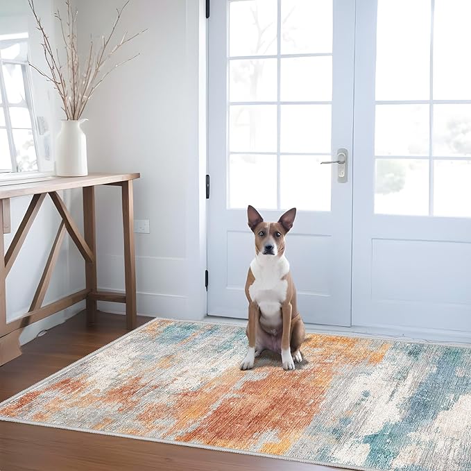 Abstract 3x5 Washable Rug: Modern Non Slip Area Rug Soft Carpet Foldable by Puino