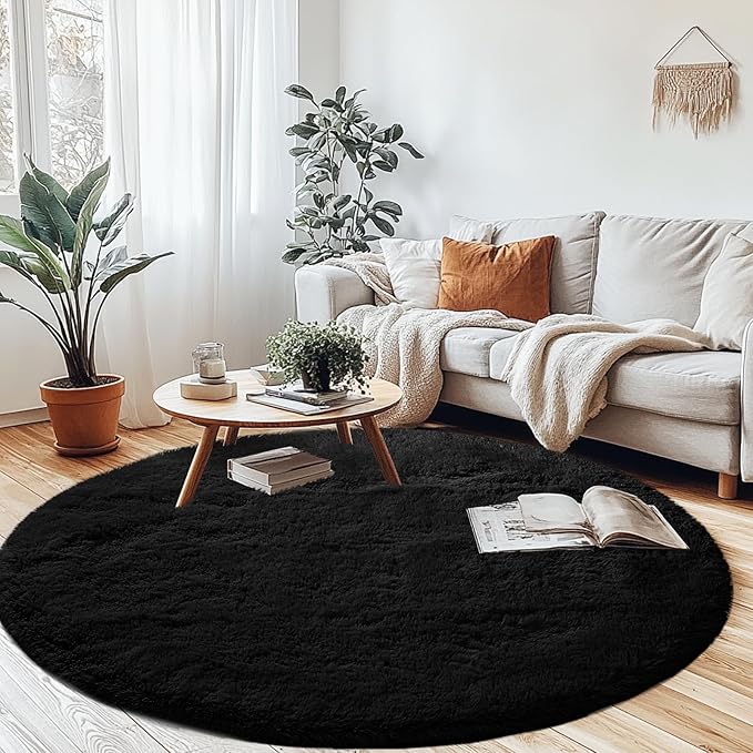 CAIYUECS Black Round Rug for Bedroom 4x4Feet: Soft and Fluffy Area Rug for Boys by CAIYUECS