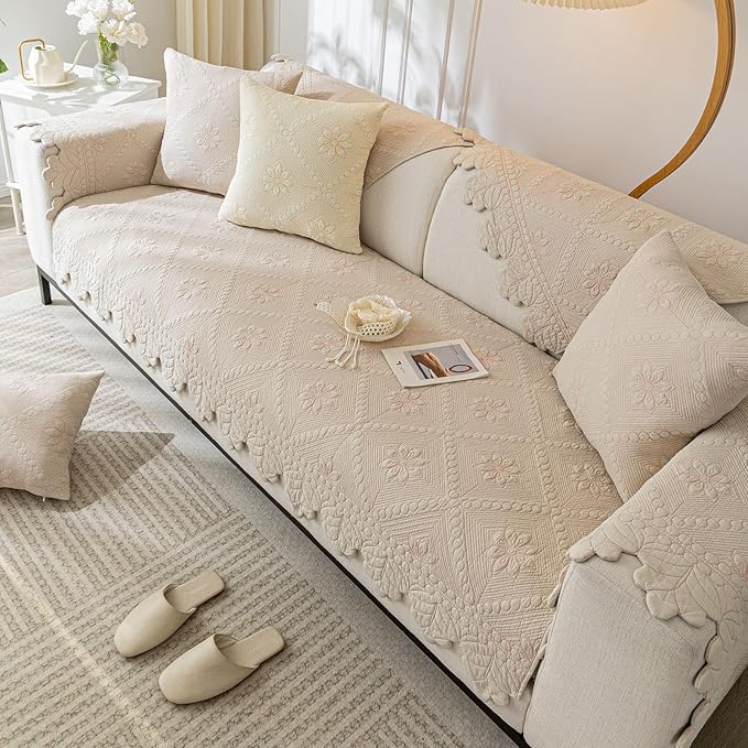Cotton Quilted Dog Couch Cover for Sofa Farmhouse Rustic Embroidery Sectional - Image 4