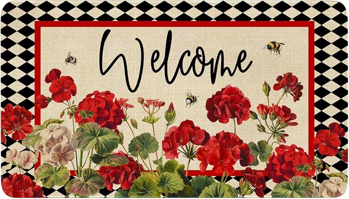Spring Summer Door Mat, Geranium Bee Red Floral Buffalo Plaid Indoor Outdoor by Xsinufn