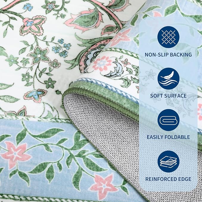 GarveeHome Blue Green Pink Washable 6x9 Area Rugs, Botanical Grove Vintage - Image 8