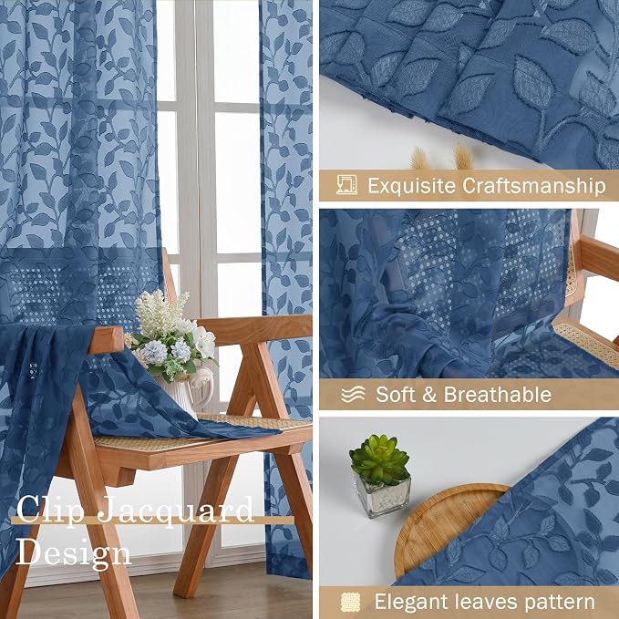 Chyhomenyc Dusty Blue Sheer Curtains 36 Inch Length, Light Filtering Leaf - Image 7