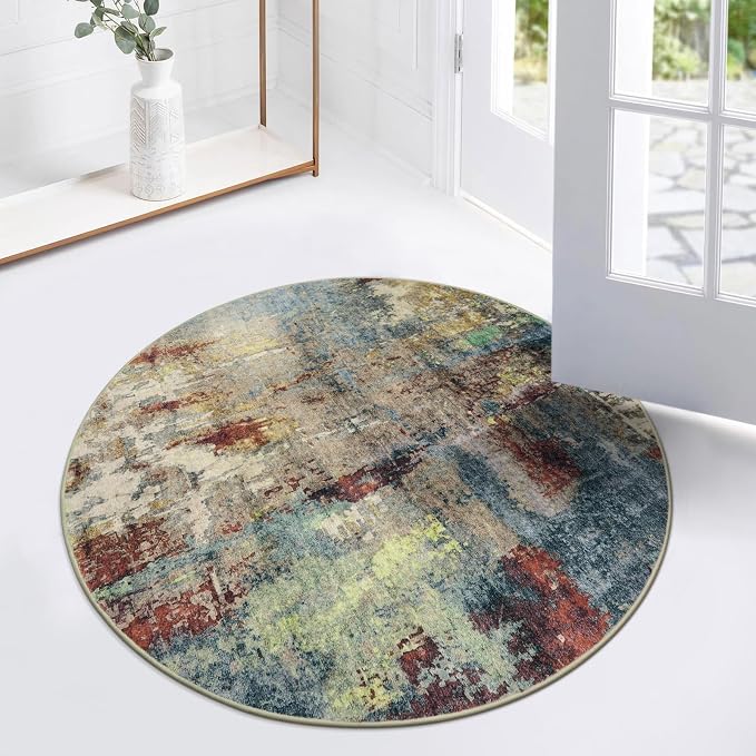 Lahome Modern Abstract Round Rug - 3Ft Small Red Washable Kitchen Round Area - Image 7
