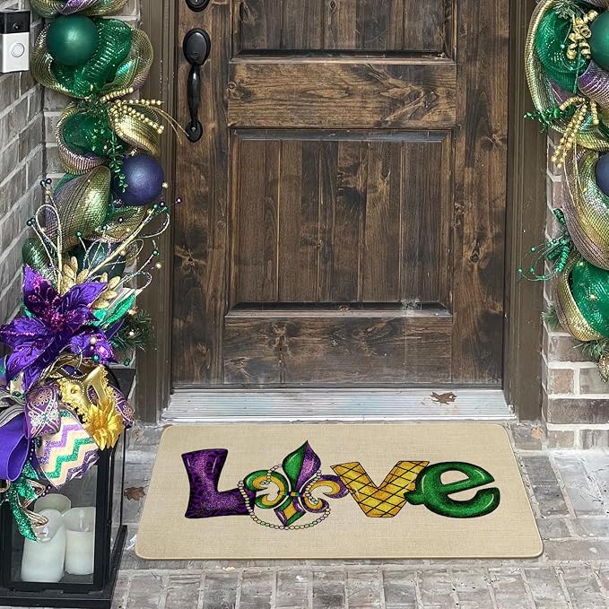 Mardi Gras Door Mat, Fleur De Lis Love Indoor Outdoor Non-Slip Doormat - Image 2