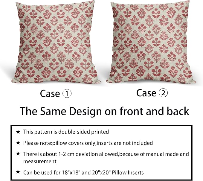 Red Floral Pillow Covers 22x22 Inch Set of 2, Vintage Flower Block Pattern - Image 6