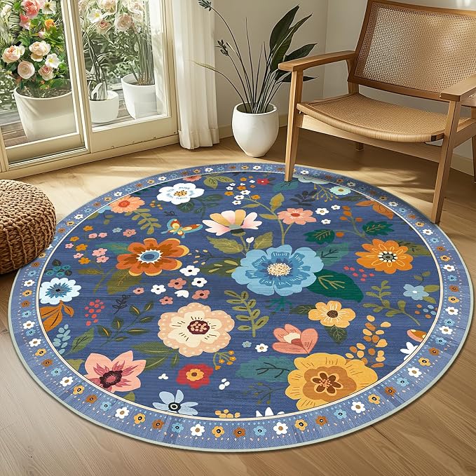 RELEANY Floral Nursery 4ft Area Rugs Washable Print Boho Cute Carpet Non Slip by RELEANY