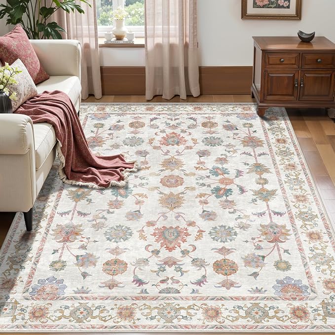 Tangsoo Washable Area Rug, 4x6 Pottery Barn Neutral Floral Rugs by Tangsoo