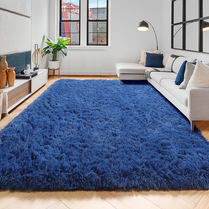 Amdrebio Navy Blue Area Rugs for Boys Bedroom, 5x7 Shag Fluffy Furry Plush Rug - Image 4