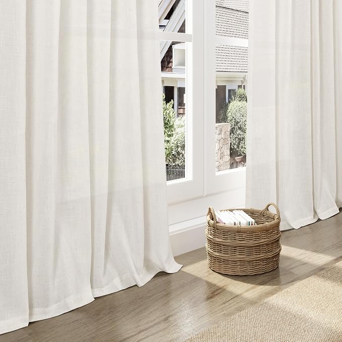 Nanspring Beige White Linen Curtains 102 Inches Long Rod Pocket Back Tab Drapes - Image 6
