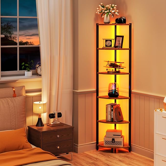 Corner Shelf with LED Lights, 6-Tier Corner Bookshelf, Rustic Brown - Image 5