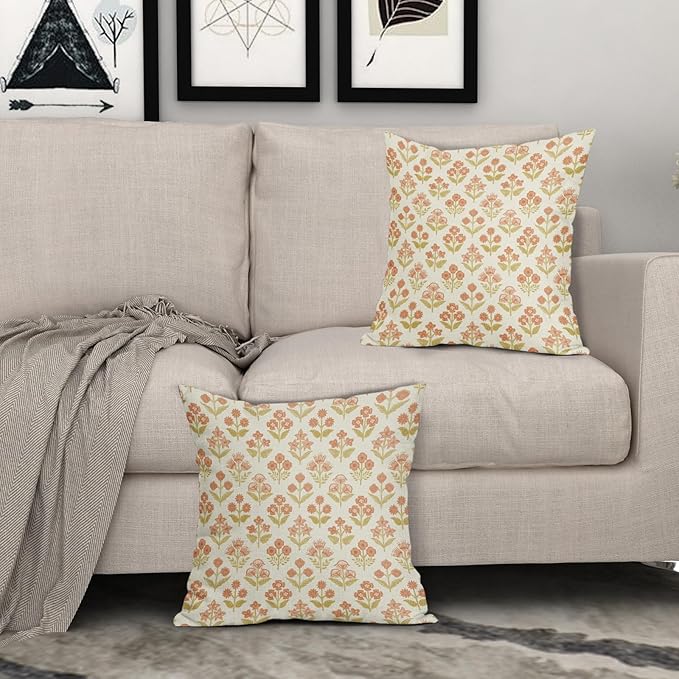 Orange Yellow Floral Block Print Pillow Covers 18x18 Inch Set of 2, Vintage - Image 3
