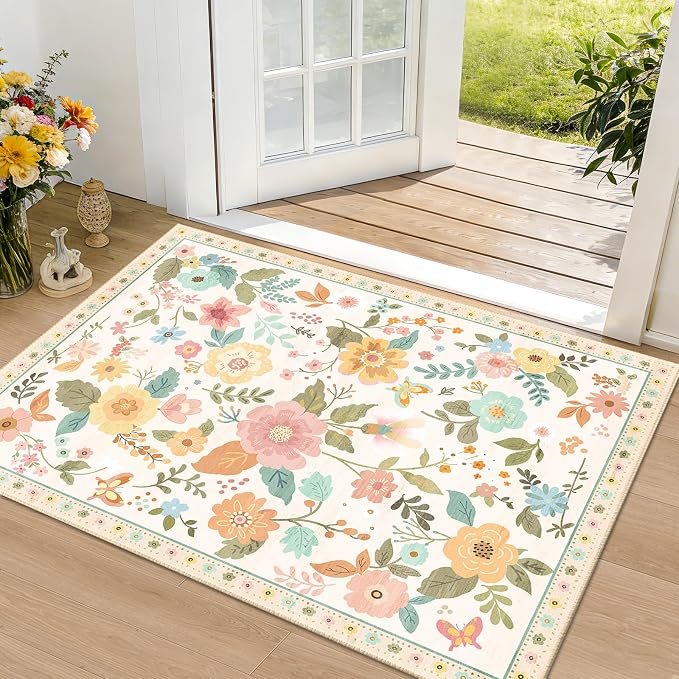 RELEANY Floral Nursery 2x3 Area Rugs Washable Print Boho Cute Carpet Non Slip - Image 2