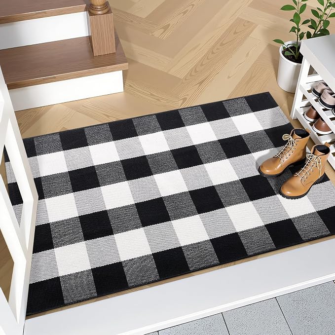 OLANLY Buffalo Plaid Rug 2'4" x 3'7" – Black and White Cotton Checkered Doormat - Image 7