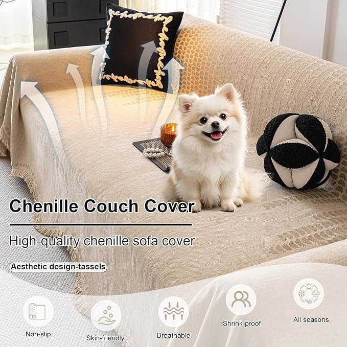 ROOMLIFE Khaki Couch Cover Sofa Covers, Chenille Couches Covers - Image 2
