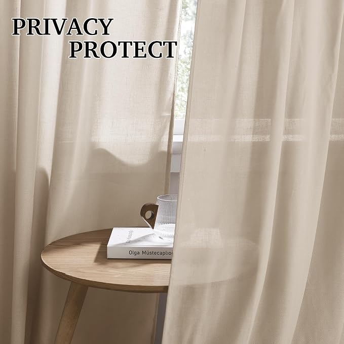 RYB HOME Semi Sheer Curtains 84 inches 2 Panels Set, Faux Linen Texture Light - Image 3