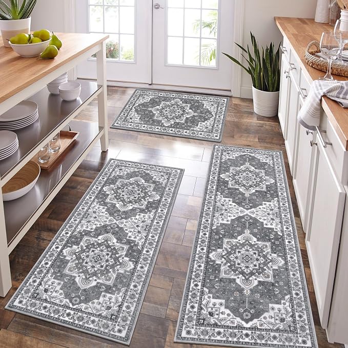 HEBE Farmhouse Kitchen Rugs Sets of 3 Non Slip Washable Boho Kitchen Rugs and - Image 6