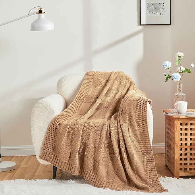 CozeCube Check Knit Throw Blanket, Decorative Christmas Soft Cozy Warm Knitted - Image 3