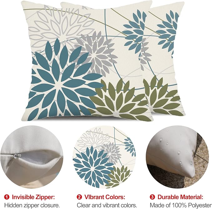 DFXSZ Blue Army Green Outdoor Pillow Covers Set of 2 20X20 Inch Teal Floral - Image 6
