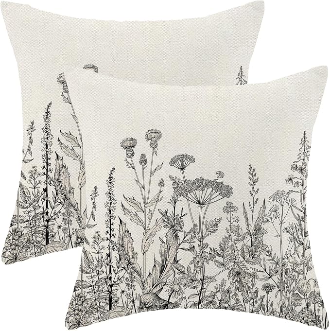 AEIOAE Black White Gray Pillow Covers 16x16 Inch Set of 2, Spring Wildflower by AEIOAE