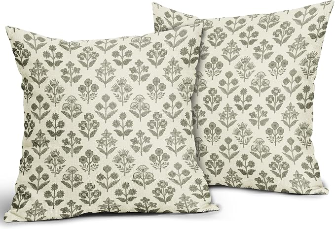 Olive Green Floral Pillow Covers 24x24 Inch Set of 2, Vintage Flower Block - Image 2