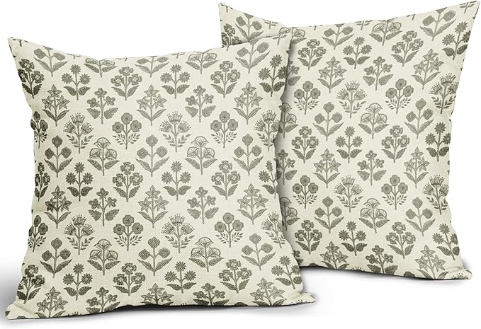 Olive Green Floral Pillow Covers 20x20 Inch Set of 2, Vintage Flower Block - Image 2