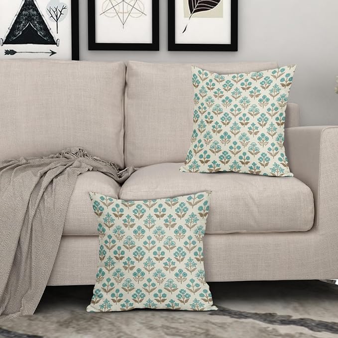 Brown Cyan Floral Block Print Pillow Covers 20x20 Inch Set of 2, Vintage Flower - Image 3