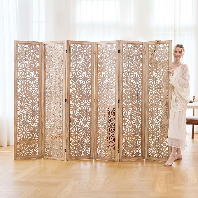 Folding Wood Room Divider Panel, 67 Inch Tall Daisy-Carved Privacy Screen - Image 7