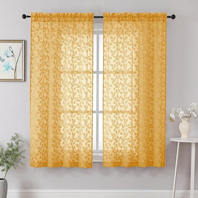 Chyhomenyc Gold Sheer Curtains 63 Inch Length 2 Panels Set, Light Filtering by Chyhomenyc