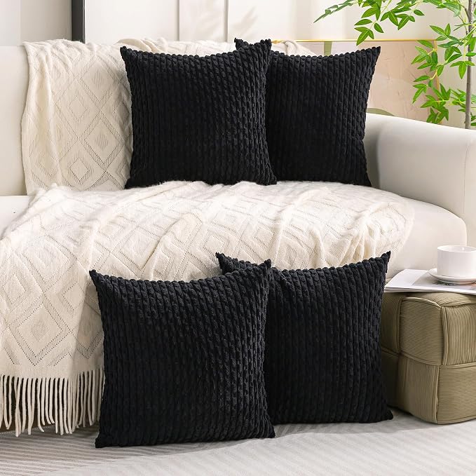 Set of 4 Black Decorative Throw Pillow Covers 16x16 Inch Corduroy Pillow Covers - Image 2