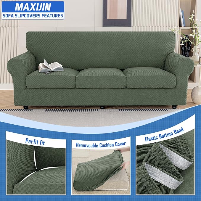 MAXIJIN 4 Piece Couch Covers for 3 Cushion Couch Super Stretch Non Slip Couch - Image 3