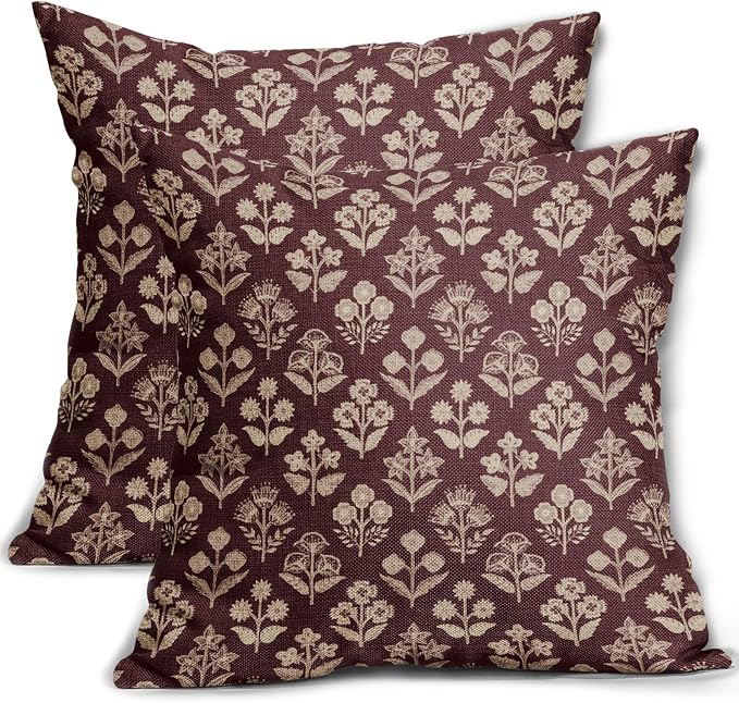 Burgundy Red Floral Pillow Covers 24x24 Inch Set of 2, Vintage Flower Block by Sivirary