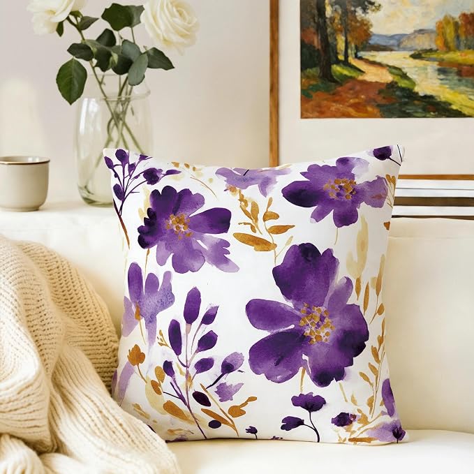 Purple Gold Watercolor Floral Throw Pillow Covers 18x18 Set of 2, Boho Gold - Image 4