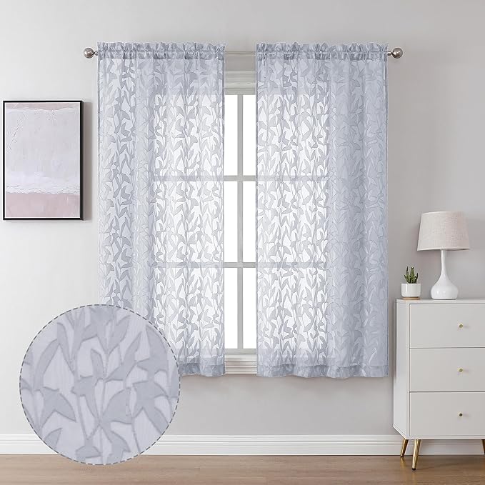 Lecloud Leia Light Grey Sheer Curtains 63 Inch Length 2 Panels, Jacquard Leaf by Lecloud
