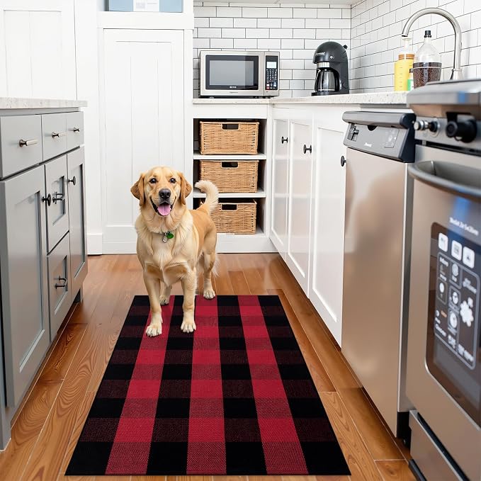 OLANLY Buffalo Plaid Rug 2'4" x 3'7" – Red and Black Cotton Checkered Doormat - Image 3