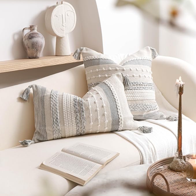 BlissBlush Gray Boho Decorative Throw Pillow Cover 20x20 Square Farmhouse - Image 8