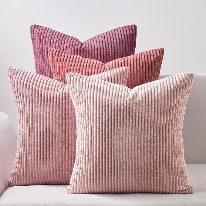 Topfinel Pink Throw Pillows Covers 18x18 Inch Set of 4, Farmhouse Corduroy by Topfinel