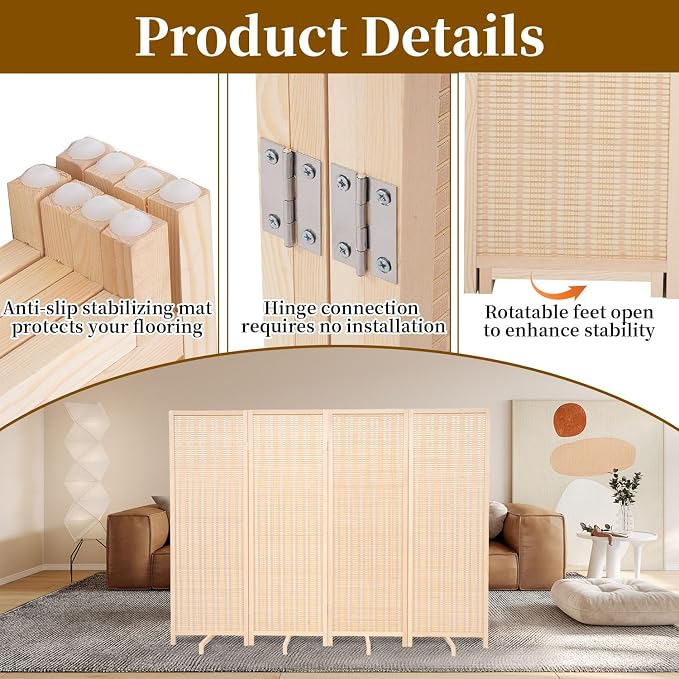 Bamboo Room Divider Panel with 360°Rotating Feet, 4 Panel 47" H Short Folding - Image 6