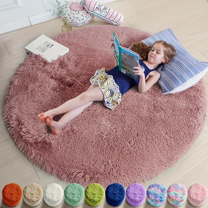 Blush Fluffy Round Rug 5Ft for Bedroom, Fuzzy Plush Circle Area Rugs for Baby by Amdrebio