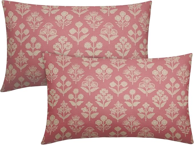 Pink Pillow Covers 12x20 Inch Set of 2, Cream Floral Block Print Pattern Lumbar by Sivirary