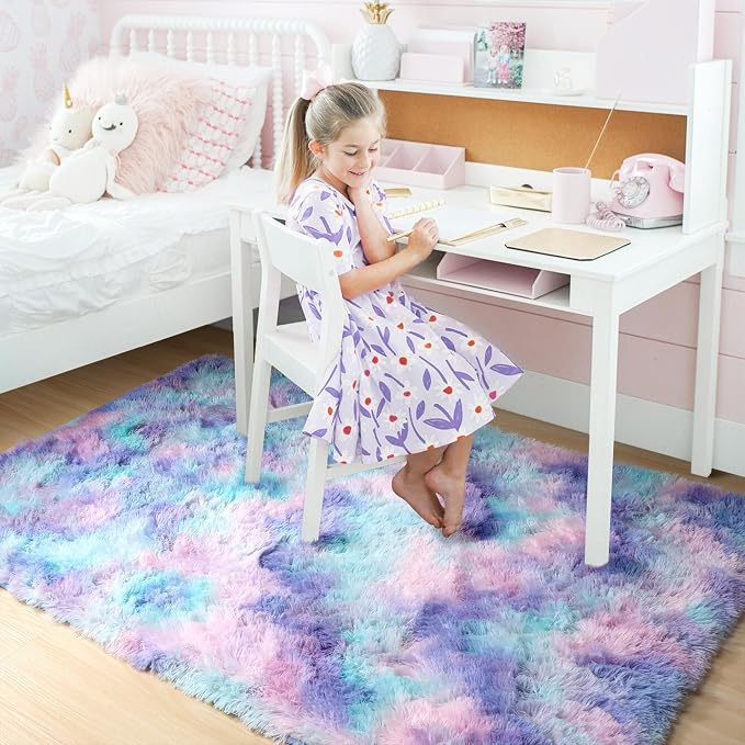 Amdrebio Purple Rainbow Rugs for Bedroom Girls Room Decor, Soft Fluffy Cute - Image 3