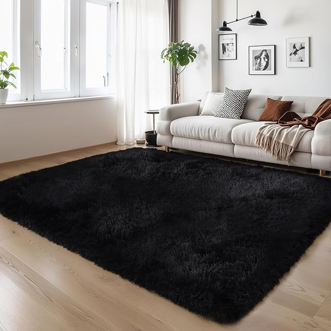 KICHOWUA Thick Area Rug Black Fluffy Shag 5x7 - Image 7