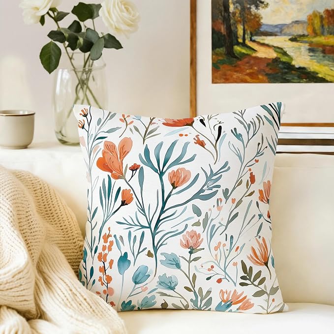 Turquoise Orange Floral Throw Pillows Covers 18x18 in Set of 2, Decorative Teal - Image 4