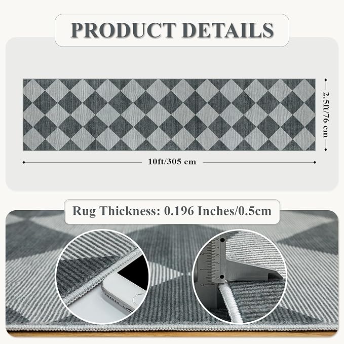 Beeiva Checkered Kitchen Runner Rug 2.5x10, Ultra Thin Washable Runners - Image 2