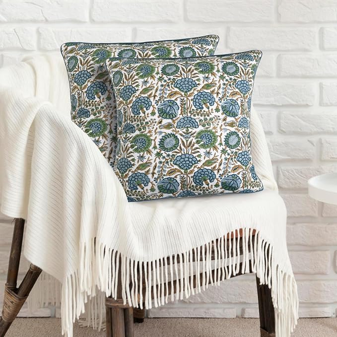 Ridhi Block Print Asparagus Green Pillow Cover 20" x 20" Decorative Couch - Image 2