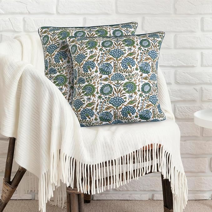 Ridhi Block Print Asparagus Green Pillow Cover 16" x 16" Decorative Couch - Image 2