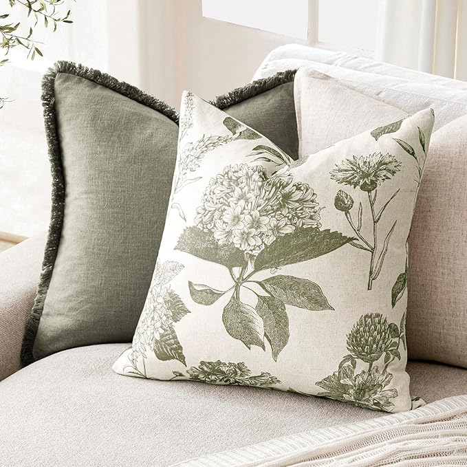 Foindtower Set of 2 Linen Floral Throw Pillow Covers Neutral Vintage Print - Image 4
